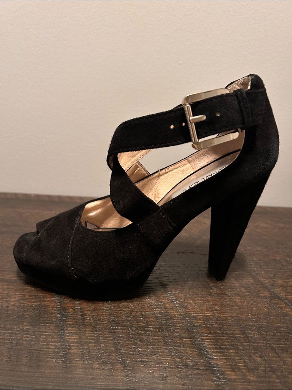 MICHAEL Michael Kors Black Suede Crisscross Peep-Toe Heel with Buckle